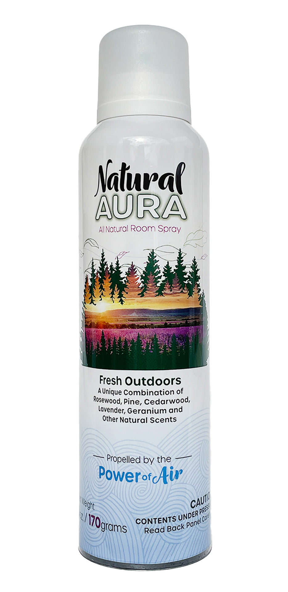 Front label for the bottle of Natural Aura Fresh Outdoors on a white background.