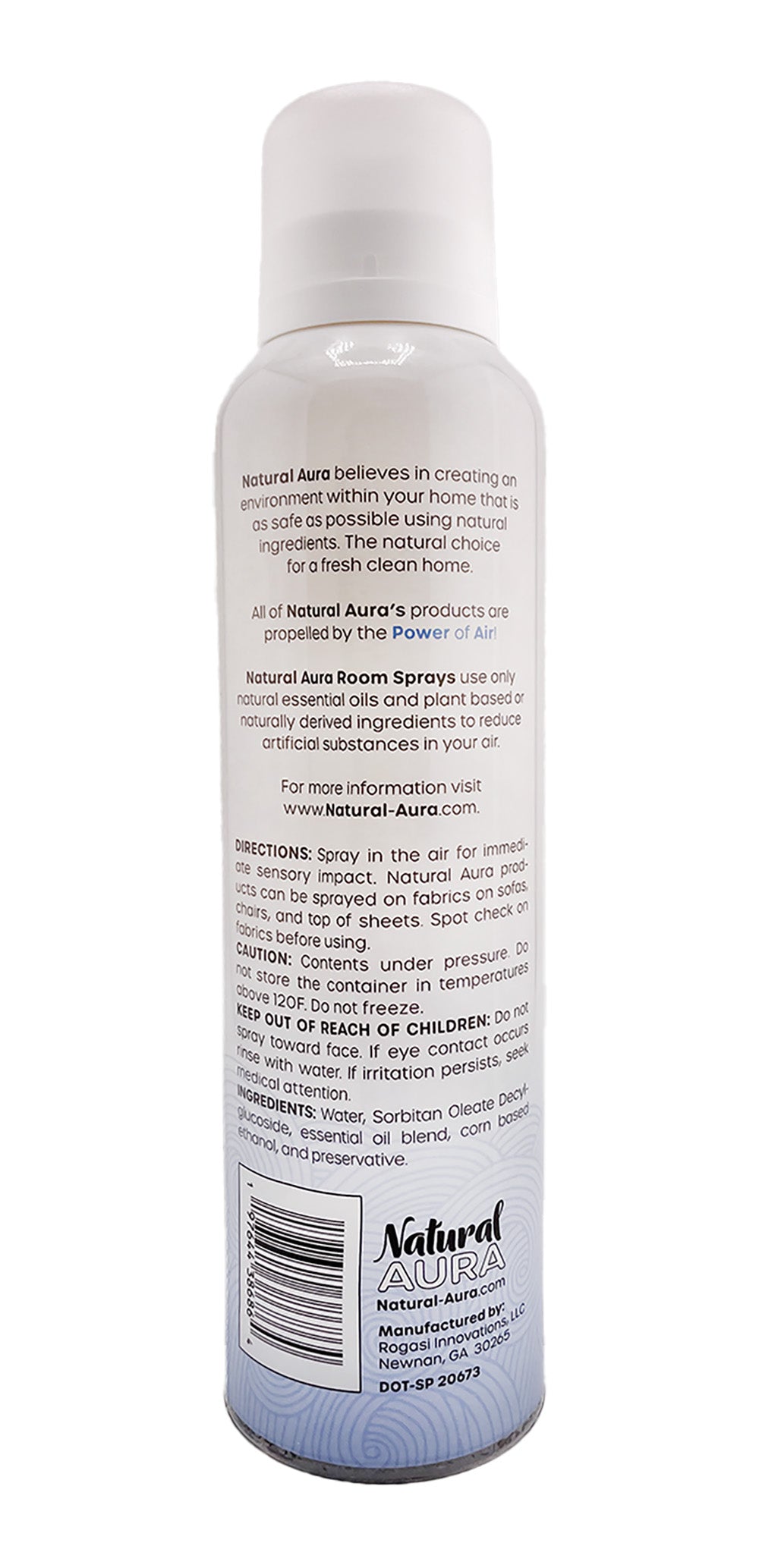 Bottle showing the back label of the Natural Aura Vanilla Bean Room Spray on a white background.