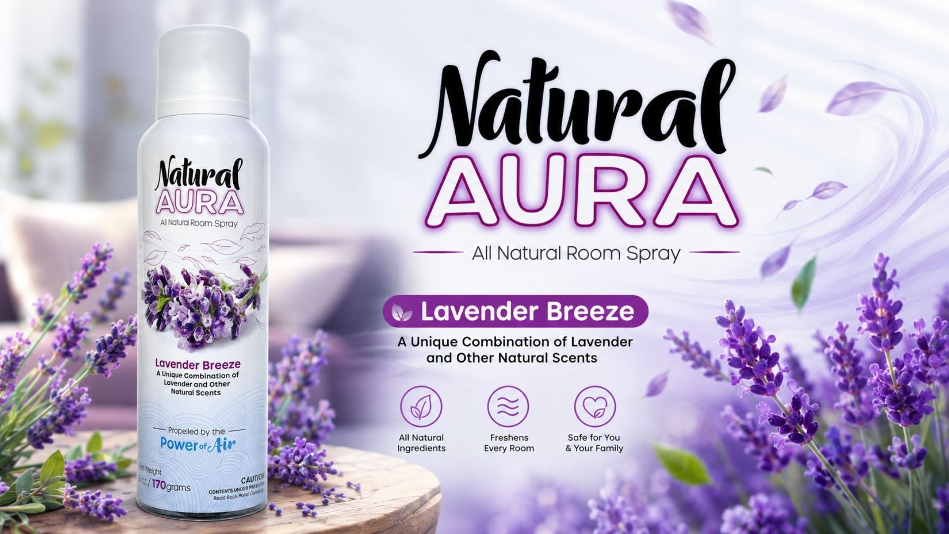 Natural Aura Lavender Breeze room spray with fresh lavender flowers for bedrooms, pillows, linens, and home fragrance