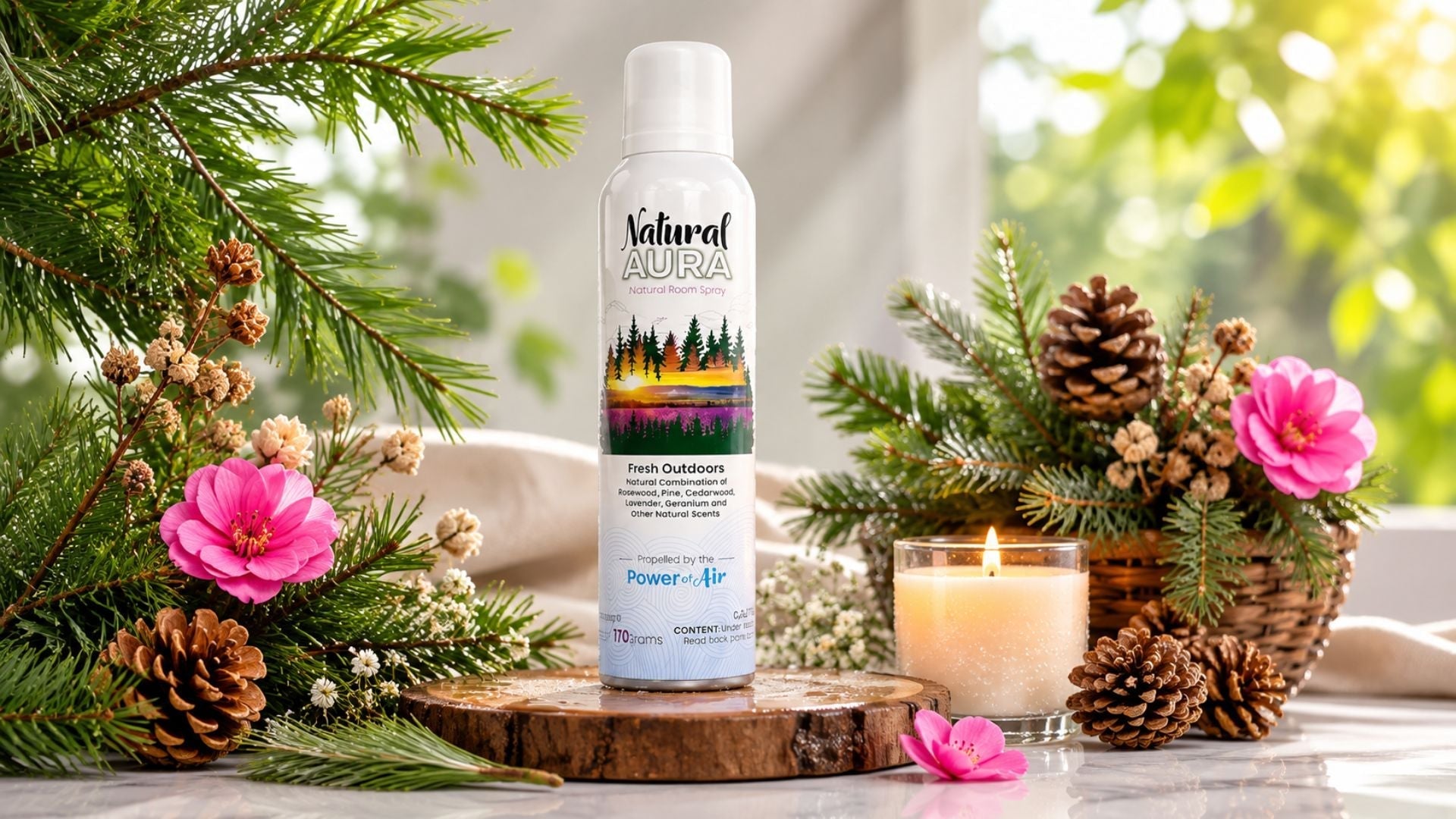Natural Aura Fresh Outdoors essential oil room spray with pine branches, flowers, pinecones, and a candle in a fresh natural home setting