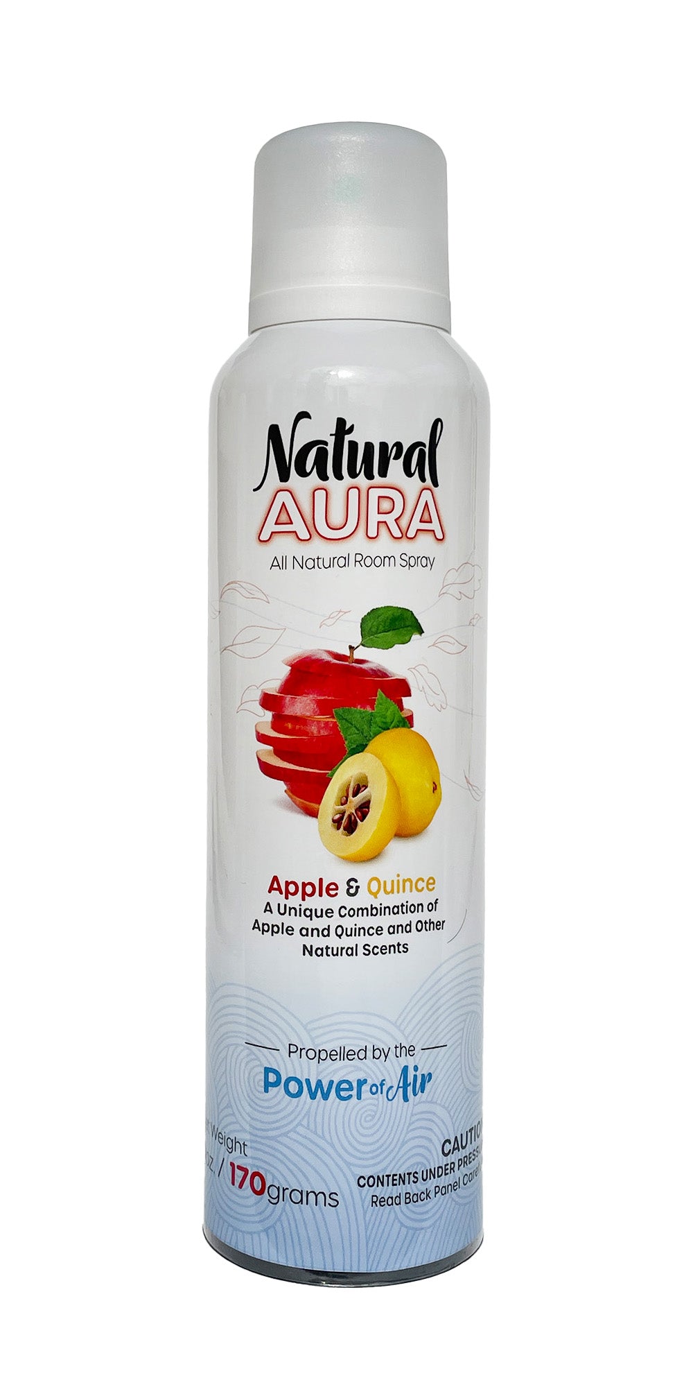 Bottle of Natural Aura Apple and Quince Room Spray with a white background.