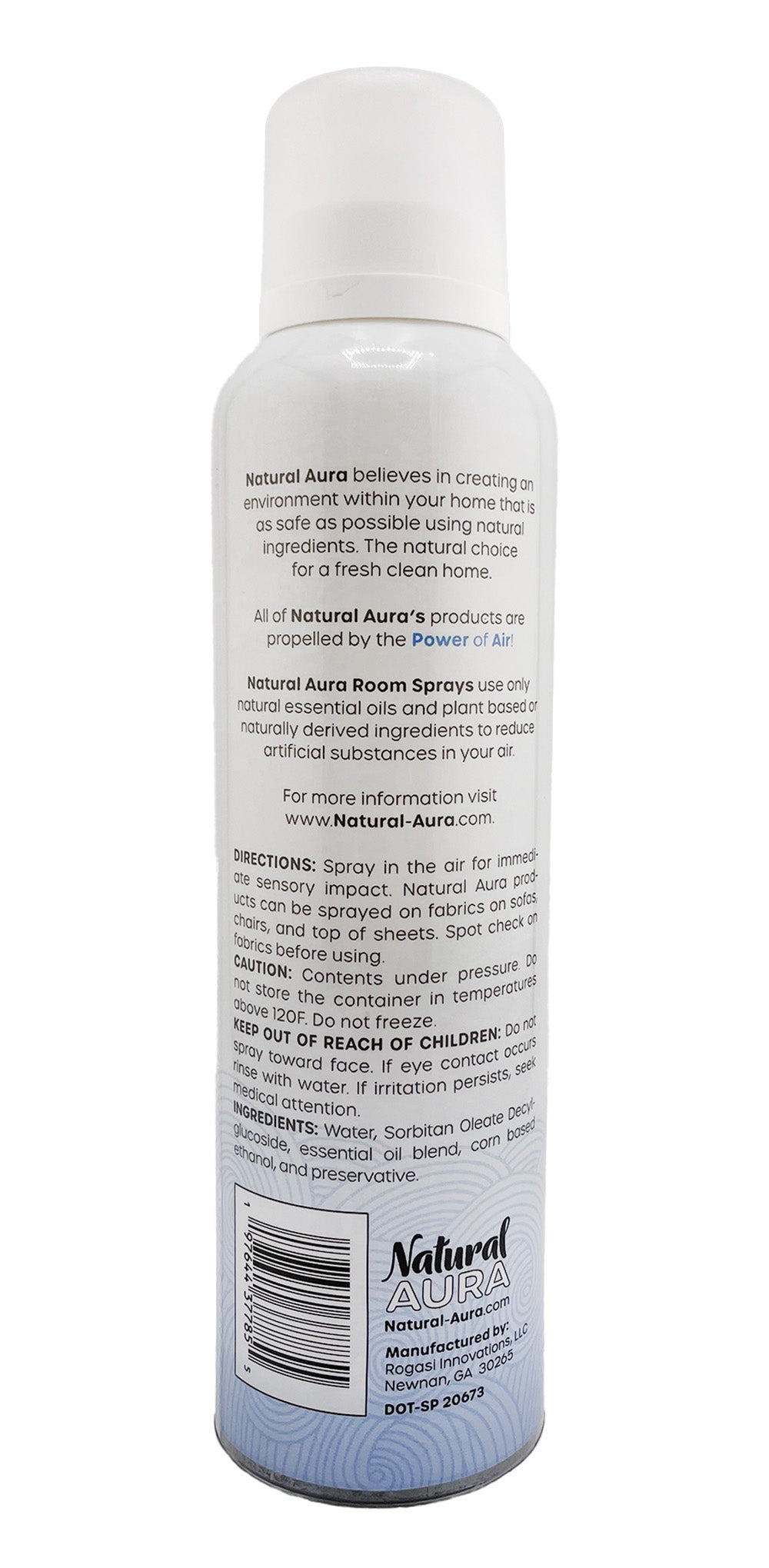 Back label of a bottle Natural Aura Fresh Outdoors on a white background.