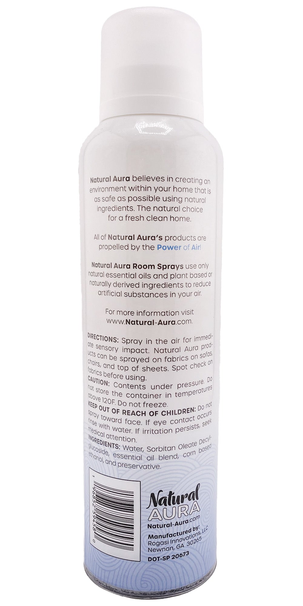 back label of Natural Aura Lavender Breeze Room Spray with a white background.