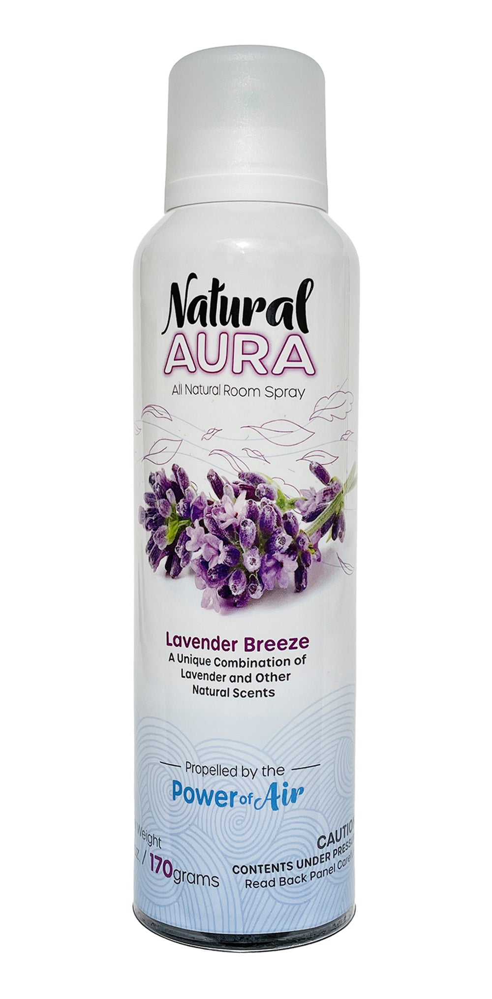 Front label of a bottle of Natural Aura Lavender Breeze Room Spray on a white background.