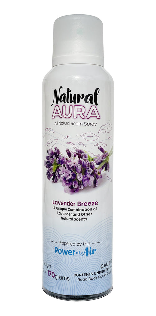 Front label of a bottle of Natural Aura Lavender Breeze Room Spray on a white background.