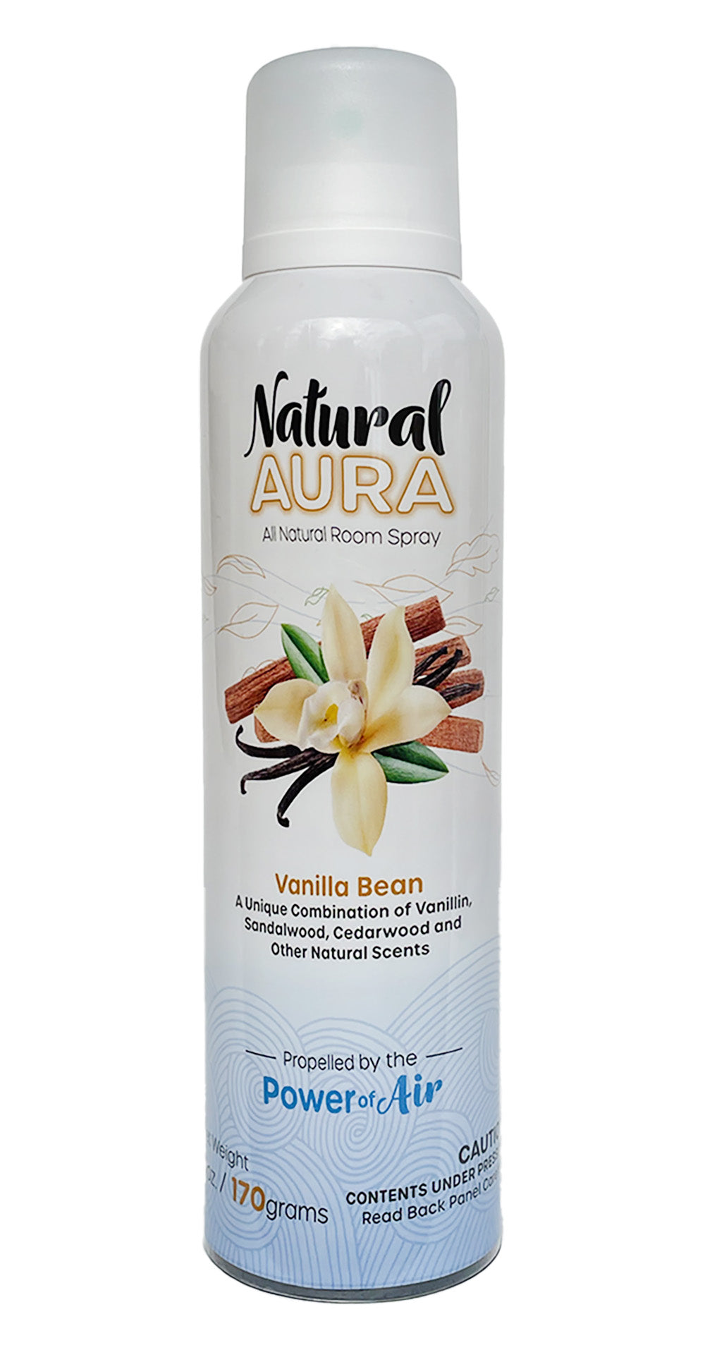Front label of the Natural Aura Vanilla Bean Room Spray on a white background.